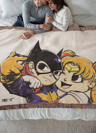 Batgirl Sailor Moon Chibi Woven Blanket | DC x Anime Cotton Throw, Shop Batgirl & Sailor Moon chibi DC x anime woven blanket. 100% cotton loom-woven throw, 3 sizes. No peeling, no fading. Fast US shipping. Order yours today., [-Snapping Turtle Gallery