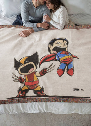 Wolverine Superman Chibi Woven Blanket | Marvel x DC Cotton Throw - Snapping Turtle Gallery