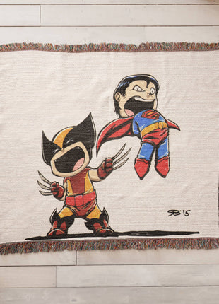 Wolverine Superman Chibi Woven Blanket | Marvel x DC Cotton Throw - Snapping Turtle Gallery