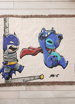 Stitch Batman Chibi Woven Blanket | 100% Cotton Loom-Woven Throw, Stitch as Batman chibi Disney x DC woven blanket. 100% cotton loom-woven throw, 3 sizes. No peeling, no fading. Fast US shipping. Buy 3 Get 1 FREE!, [-Snapping Turtle Gallery
