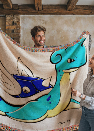 Lapras Blue Shell Chibi Woven Blanket | Pokémon x Mario Cotton Throw - Snapping Turtle Gallery
