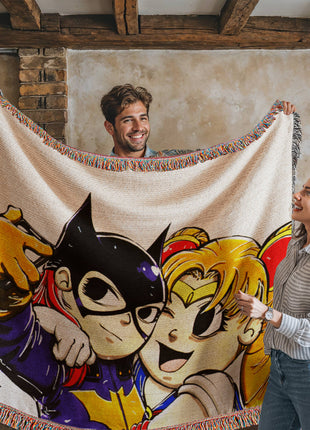 Batgirl Sailor Moon Chibi Woven Blanket | DC x Anime Cotton Throw, Shop Batgirl & Sailor Moon chibi DC x anime woven blanket. 100% cotton loom-woven throw, 3 sizes. No peeling, no fading. Fast US shipping. Order yours today., [-Snapping Turtle Gallery