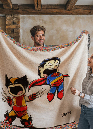 Wolverine Superman Chibi Woven Blanket | Marvel x DC Cotton Throw - Snapping Turtle Gallery