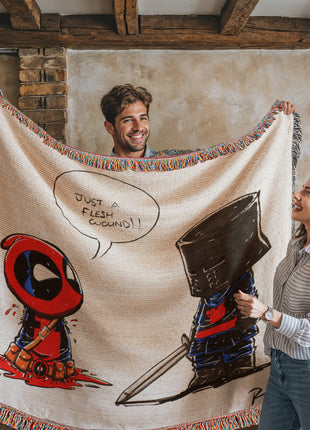 Deadpool Black Knight Woven Blanket | Marvel x Monty Python Throw, Shop Deadpool & Black Knight chibi Marvel x Monty Python woven blanket. 100% cotton loom-woven throw, 3 sizes. No peeling, no fading. Fast shipping. Order now., [-Snapping Turtle Gallery