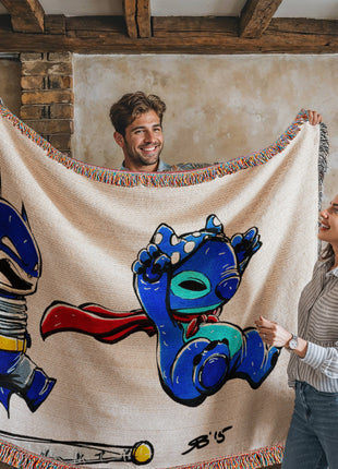 Stitch Batman Chibi Woven Blanket | 100% Cotton Loom-Woven Throw, Stitch as Batman chibi Disney x DC woven blanket. 100% cotton loom-woven throw, 3 sizes. No peeling, no fading. Fast US shipping. Buy 3 Get 1 FREE!, [-Snapping Turtle Gallery