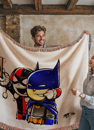 Harley Quinn Batman Chibi Woven Blanket | DC Comics Cotton Throw, Shop Harley Quinn & Batman chibi DC Comics woven blanket. 100% cotton loom-woven throw, 3 sizes. No peeling, no fading. Fast US shipping. Order yours today., [-Snapping Turtle Gallery