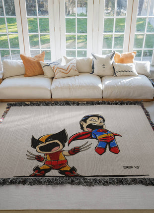Wolverine Superman Chibi Woven Blanket | Marvel x DC Cotton Throw - Snapping Turtle Gallery