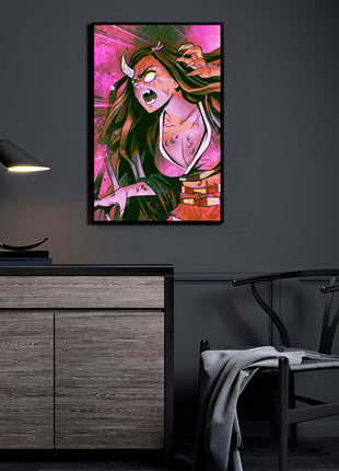 Awakened Demon Sister Nezuko Wall Art featuring Nezuko Kamado with horn, vine markings, and glowing eyes on 3mm Ultra-HD acrylic.