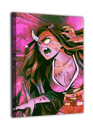 Awakened Demon Sister Nezuko Wall Art featuring Nezuko Kamado with horn, vine markings, and glowing eyes on hand-stretched gloss canvas.