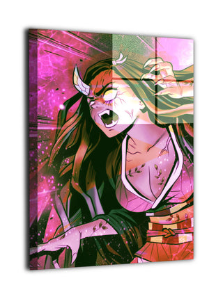 Awakened Demon Sister Nezuko Wall Art featuring Nezuko Kamado with horn, vine markings, and glowing eyes on dye-sublimated metal.