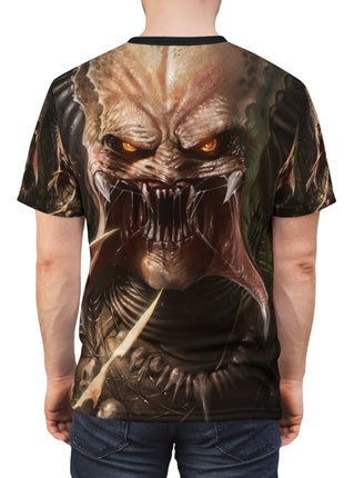 Back view of the Predator Prey all-over T-shirt on a model.