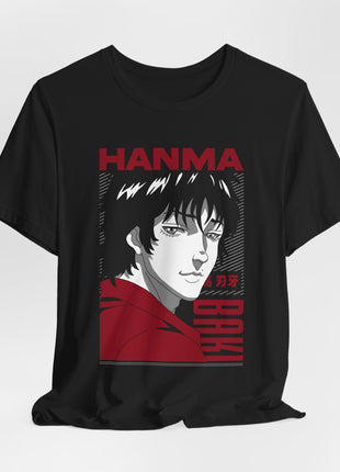 Draped front view of the black Baki Hanma Red Hoodie Portrait Graphic T-Shirt.