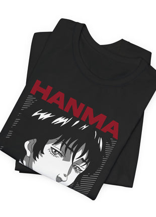 Folded black Baki Hanma Red Hoodie Portrait Graphic T-Shirt showing a close view of the printed character artwork.