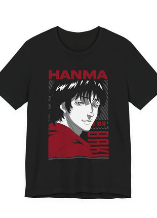 Front of a black T-shirt featuring Baki Hanma wearing a red hoodie beneath large HANMA lettering.