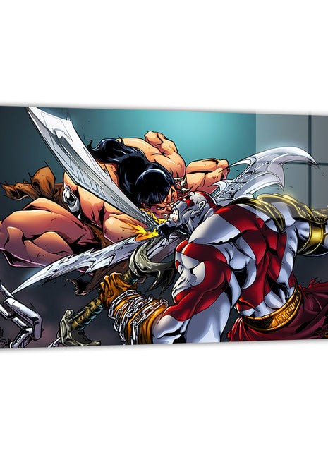 conan vs kratos crossover battle by Austin Janowsky; modern metallic sheen, ready to hang.