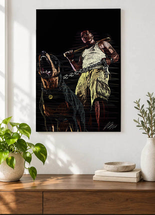 Bat, Chain and Bared Teeth acrylic wall art displayed above a wooden console with plants and books against a white wall.