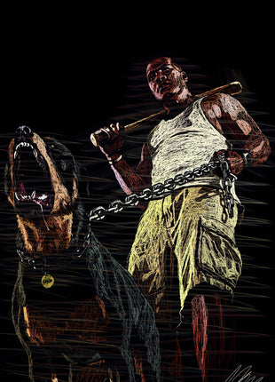 Scribble-line artwork of a man with a bat over his shoulder beside a chained, open-mouthed dog on black.