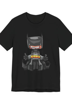 Front of a black graphic T-shirt showing seated chibi Batman with a yellow utility belt.