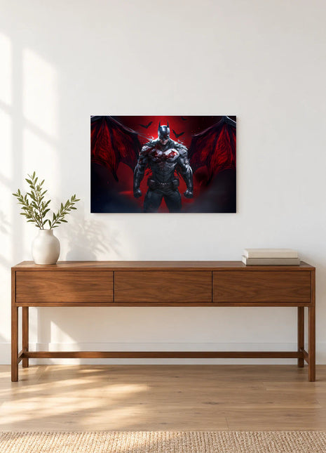 Batman Crimson Wingfall acrylic wall art displayed above a wooden console with a leafy vase and stacked books against a white wall.