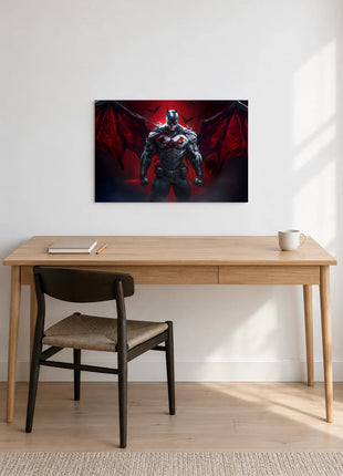 Batman Crimson Wingfall acrylic wall art displayed above a wooden desk with a notebook, pencil and white mug against a white wall.
