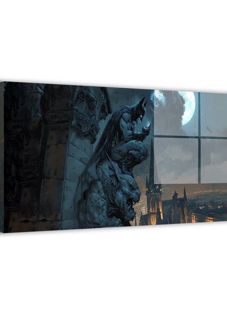 Batman wall art featuring Gotham skyline, moonlit night, and gothic architecture, available in canvas, acrylic, and metal prints.