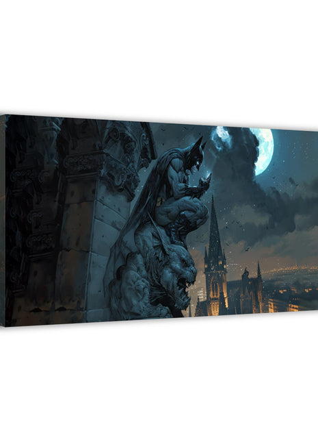 Batman wall art featuring Gotham skyline, moonlit night, and gothic architecture, available in canvas, acrylic, and metal prints.