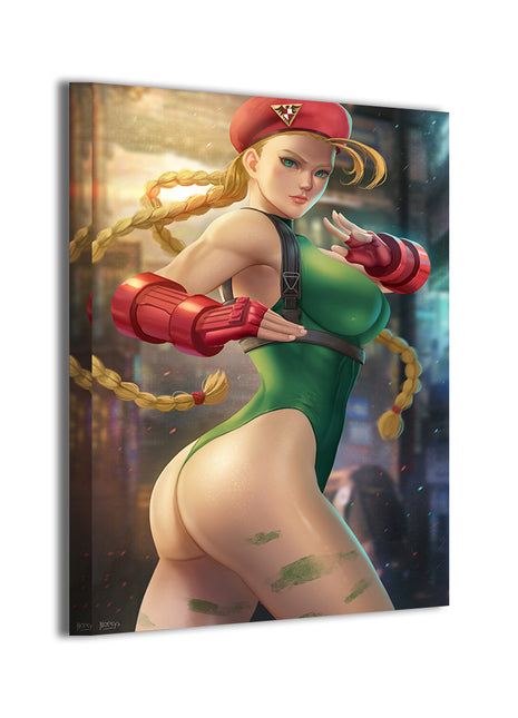 Canvas wall art of Battle Ready showcasing Cammy from Street Fighter with dynamic movement and iconic fighting game style by Nopeys
