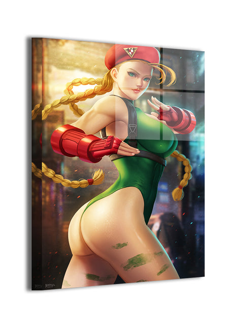 Metal wall art print of Battle Ready displaying Cammy from Street Fighter with sharp contrast and high-impact action styling by Nopeys