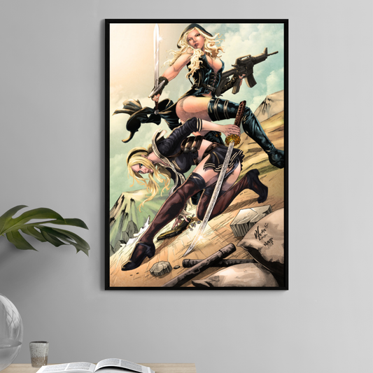 11x17 print of Babydoll and Blondie in comic style Sucker Punch artwork
