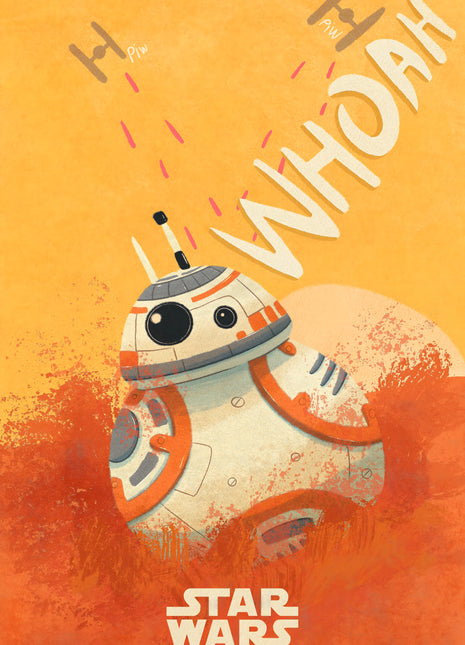 BB-8 Whoa There original artwork: shows BB-8 tilting across an orange desert-like slope beneath large angled WHOA lettering.