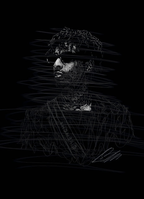 Low-key gray scribble portrait of a man in dark sunglasses, jacket and chain against black.