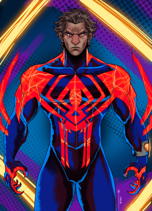 Beneath the Mask of 2099 Wall Art featuring Miguel O'Hara unmasked in the Spider-Man 2099 suit from Spider-Man 2099 / Marvel, artwork available in acrylic, canvas, and metal, by Emmanuel Centeno.
