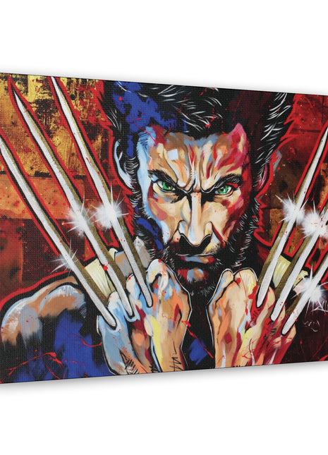 "Berserker Brilliance – Vibrant Wolverine Claws Out Wall Art on canvas, acrylic, and metal – front view featuring Wolverine in a dynamic, colorful stance."
