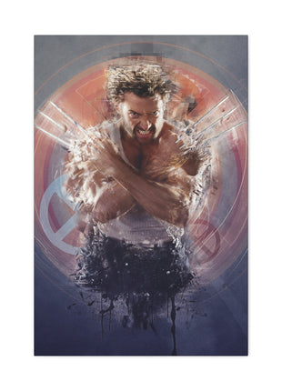 "Berserker Leap – Wolverine Iconic Jump Charge Wall Art on canvas, acrylic, and metal – front view featuring Wolverine mid-air with claws extended."

