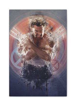 "Berserker Leap – Wolverine Iconic Jump Charge Wall Art on canvas, acrylic, and metal – front view featuring Wolverine mid-air with claws extended."
