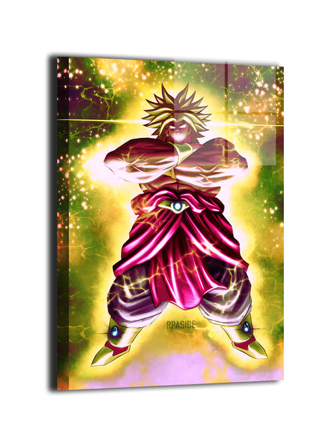 Legendary Surge Metal — Broly powered up with lightning and golden glow, Dragon Ball fan art by Ryan Pasibe; modern sheen, ready to hang.