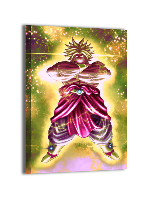 Legendary Surge Canvas — Broly glowing with emerald energy, Dragon Ball fan art by Ryan Pasibe; gallery-wrapped, ready to hang.