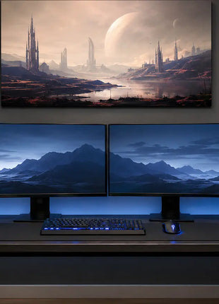 Balanced 24 by 36 inch wall art placement above a gaming desk