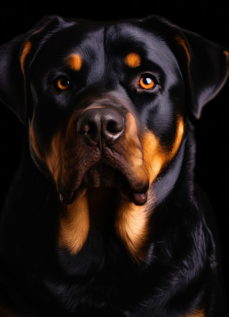 Front-facing black-and-tan dog with broad muzzle, tan eyebrows and warm chest markings.