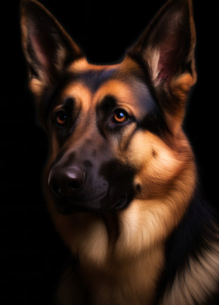 Black-and-tan shepherd-type dog looking left with upright ears, dark muzzle and golden chest.