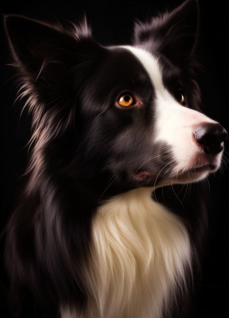 Black-and-white collie facing right with upright ears, white facial blaze and long pale chest fur.