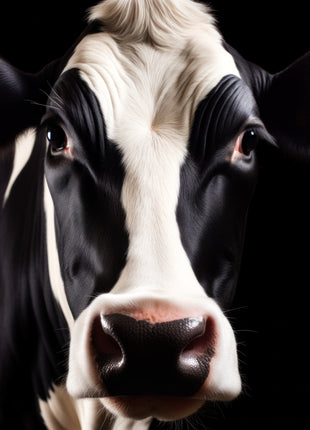 Close-up of a black-and-white cow with dark eye patches and a pink-edged muzzle against black.