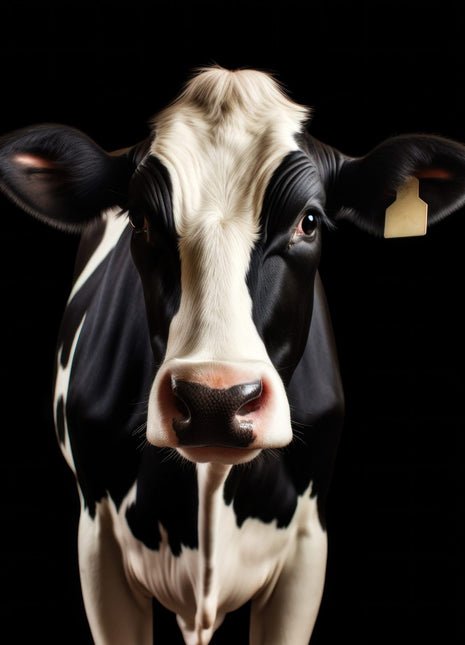 Front-facing black-and-white cow with a pale facial stripe and visible chest against black.