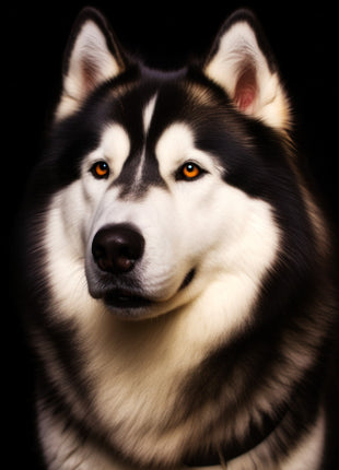 Thick-coated black-and-white dog looking left with upright ears, pale facial markings and golden eyes.