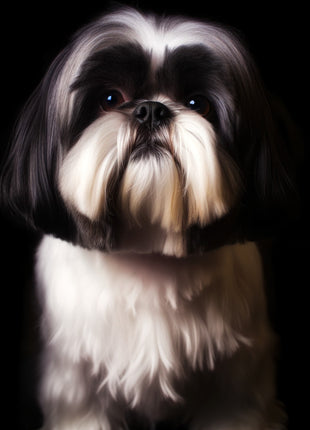 Small shaggy black-and-white dog facing forward with a pale beard and broad white chest.