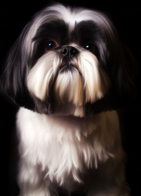 Small shaggy black-and-white dog facing forward with a pale beard and broad white chest.