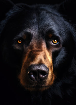 Black bear facing forward with copper-brown muzzle, golden eyes and a glossy black nose against black.