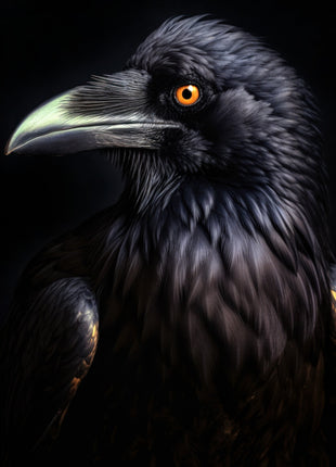 Black raven-like bird facing left with amber eye and pale-green highlights on its bill.