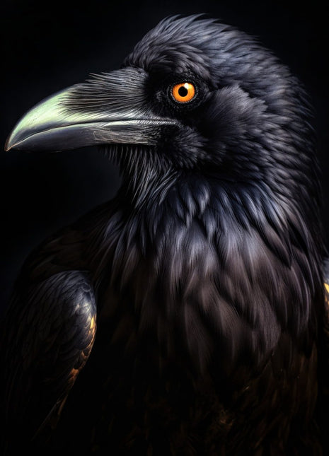 Black raven-like bird facing left with amber eye and pale-green highlights on its bill.