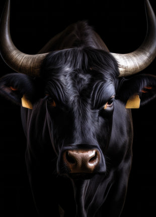 Front-facing black bull with long pale curved horns against a black background.